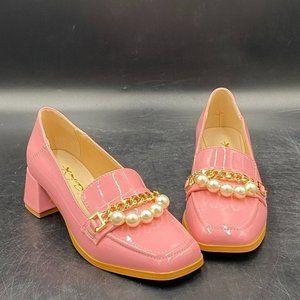 XYD pink patent leather almond toe pearls chunky low heels slippers shoes